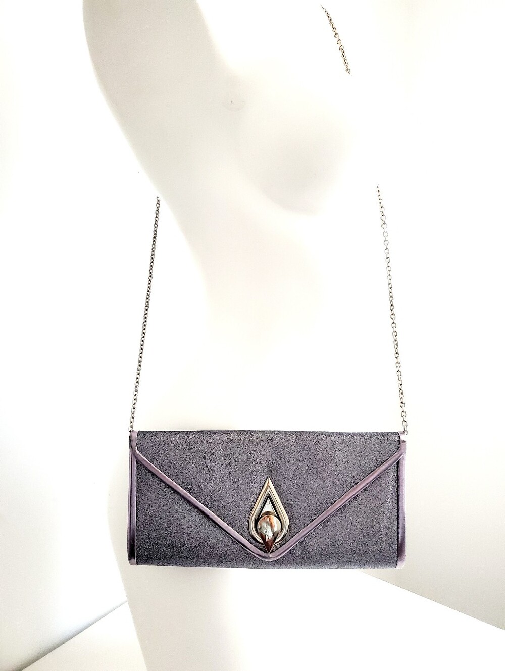 Silver Glitter Clutch Bag With Shoulder Chain